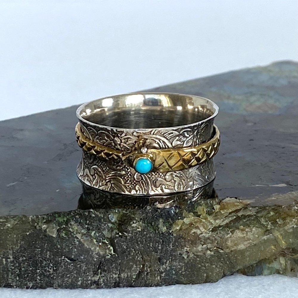 Sterling Silver 925 Embossed Brass Snake Turquoise Wide Spinner Band Ring 14.5